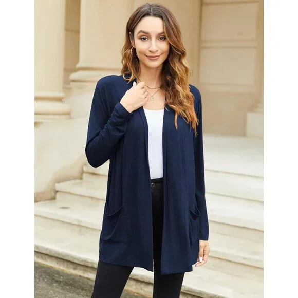 Women's Rayon Cardigan Loose Fit Pockets Open Front Long Sleeve Casual - Picture 3 of 9